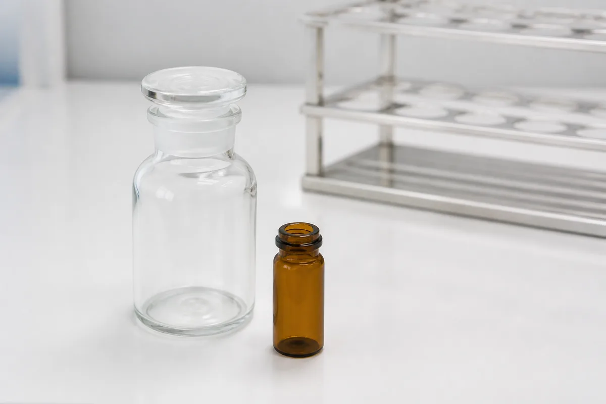 Flacon de verre neutre et fiole d’échantillon posés sur une paillasse de laboratoire