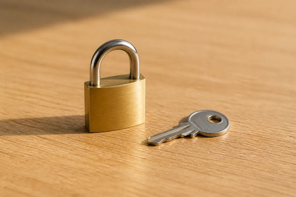 Cadenas fermé et clé posés sur une table en bois clair