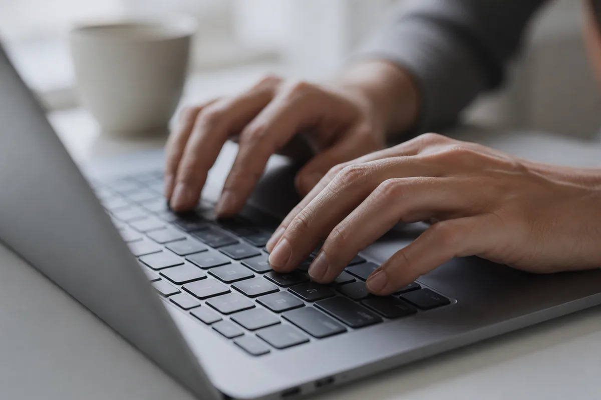 Mains posées sur le clavier d’un ordinateur portable dans un bureau lumineux