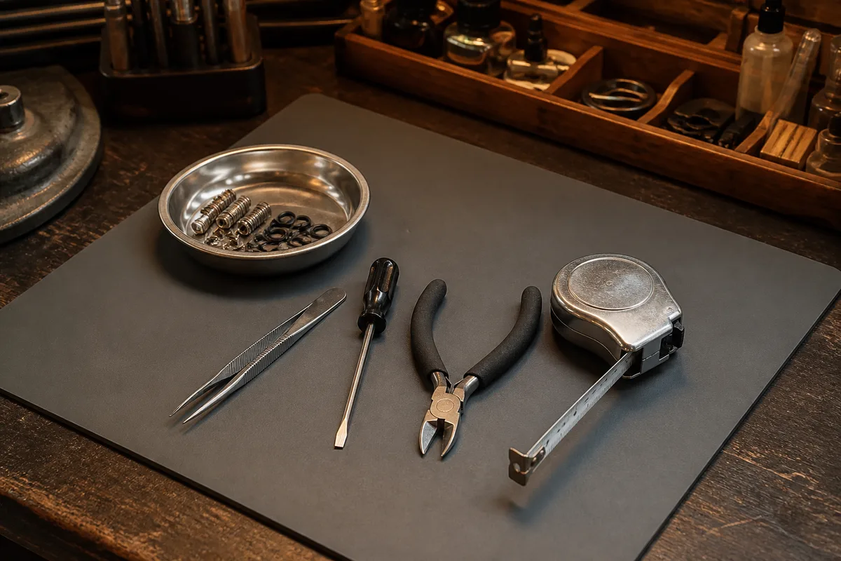 Plan de travail d’atelier avec outils de précision et petites pièces métalliques