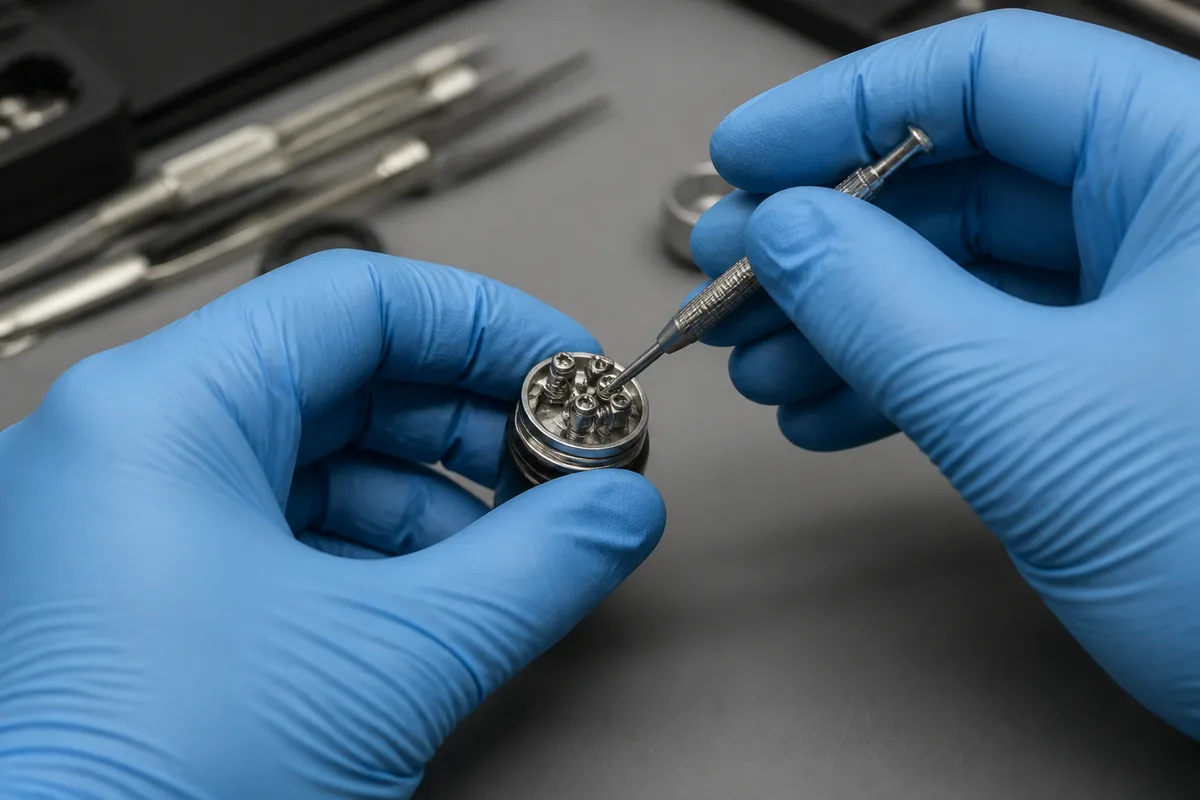 Mains gantées manipulant un petit tournevis de précision sur un atomiseur démonté
