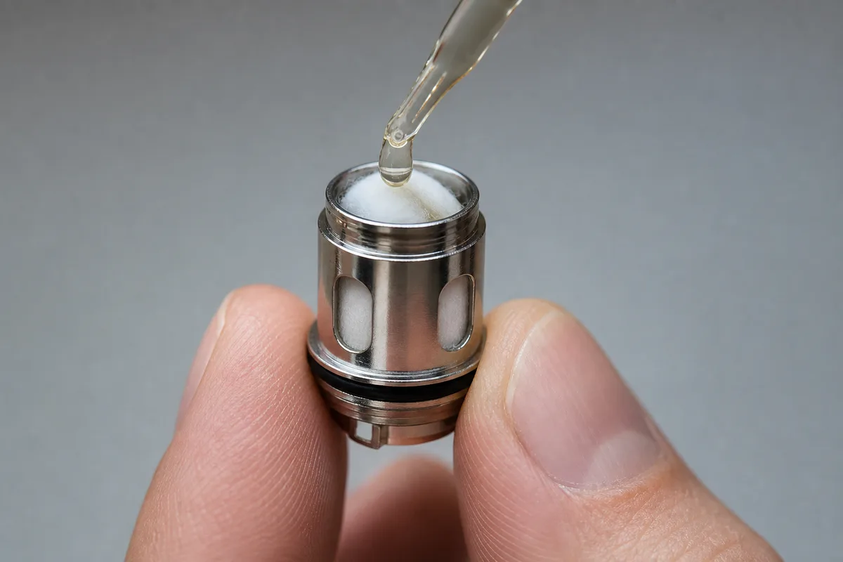 Résistance neuve de cigarette électronique amorcée avec des gouttes d’e-liquide sur le coton