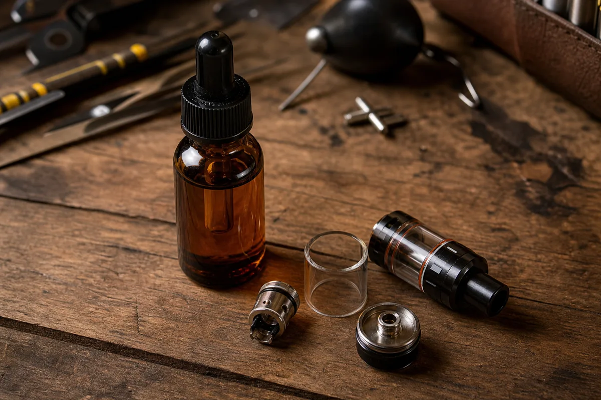 Flacon d’e-liquide et clearomiseur démonté posés sur une table en bois