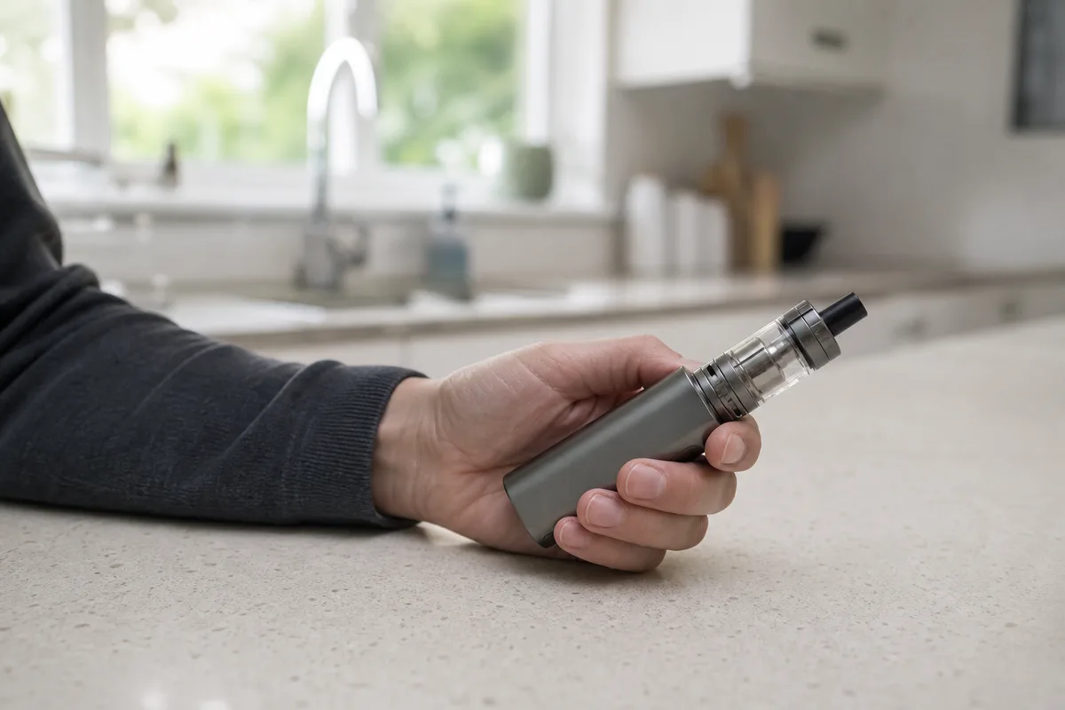 Main tenant une cigarette électronique box mod au-dessus d’un plan de travail clair