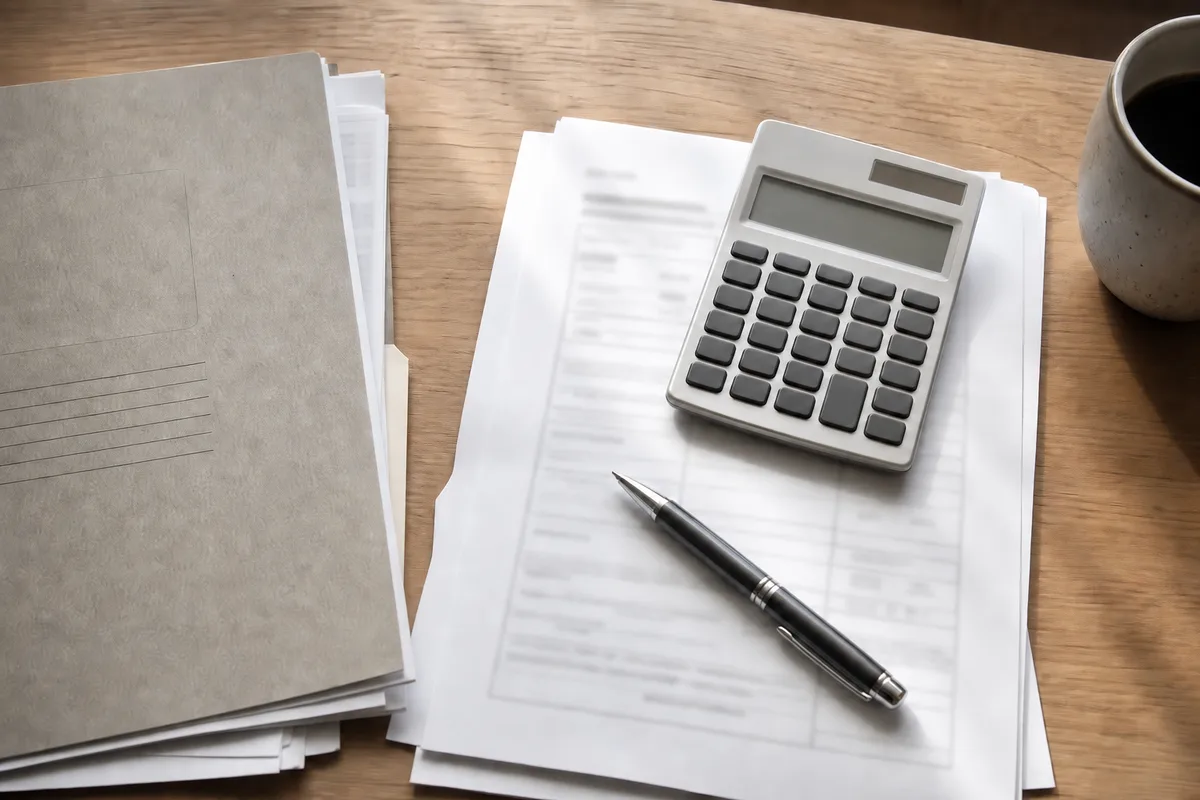 Bureau avec une fiche de paie, une calculatrice et des documents administratifs